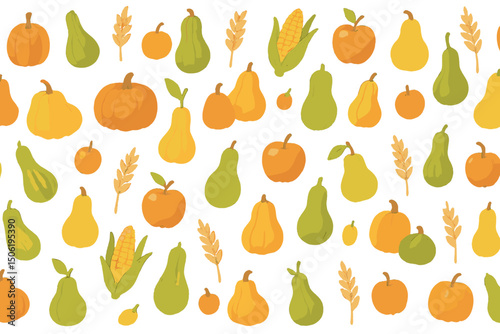 Colorful autumn harvest pattern featuring various fruits and vegetables on a white background