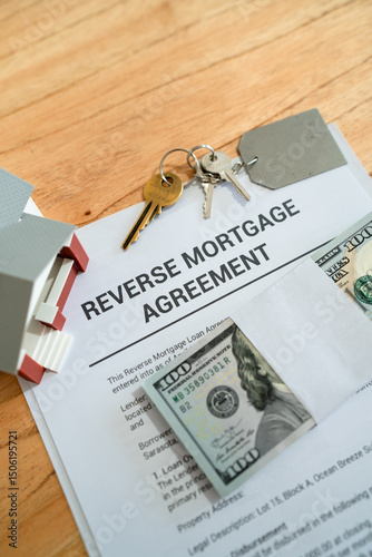 Vertical shot of reverse mortgage agreement contract.