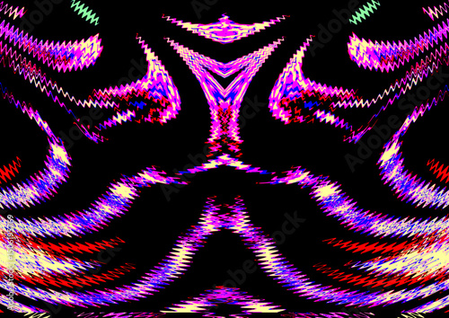 Vibrant zigzag patterns in shades of pink, purple, and red create a symmetrical, abstract design against a black background. The composition suggests movement and dynamic energy