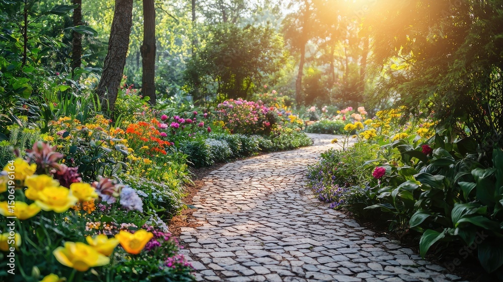 Sunlit garden path winding through vibrant flowerbeds. Sunlit garden path winding through vibrant flowerbeds.
