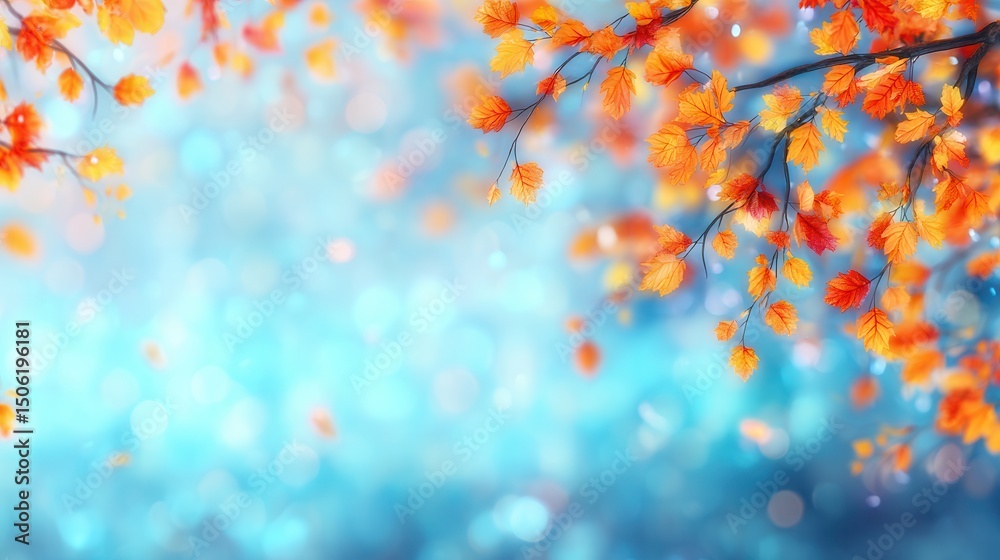 Fototapeta premium Autumn leaves against a soft blue background