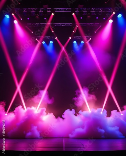 Vibrant concert stage with dramatic pink and purple lighting, illuminated spotlights, LED panels, and smoke effects creating an electrifying party and performance atmosphere

