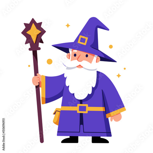 Wizard character holding a magical staff in a whimsical style, concept of fairy tales  