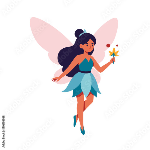 Fairy girl holding wand and flying in colorful fantasy realm  