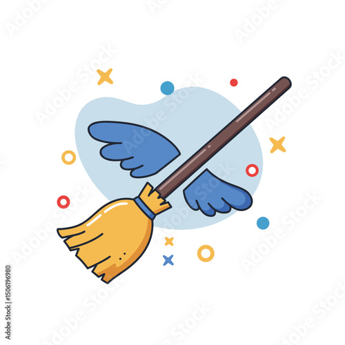 Flying broom with wings on colorful background representing fairy tales  