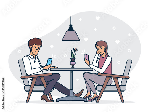 Dating couple browsing smartphones while having romantic dinner in cafe together