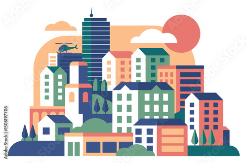 City buildings flat vector illustration. Townhouse, condominium. Apartment houses. Cityscape, flying helicopter over multi-storey structures. Skyscrapers, city street with various urban buildings