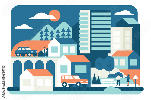 City life flat vector illustration. Apartment houses, accommodation. Urban landscape, road with cars. Walking citizens. Town with skyscrapers, street with various office buildings and dwellings
