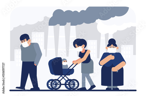 Air pollution flat vector illustration. Residents, sad mom with baby wearing protective medical masks cartoon characters. Factory pipes emitting smoke. Fine dust, industrial smog, pollutant gas