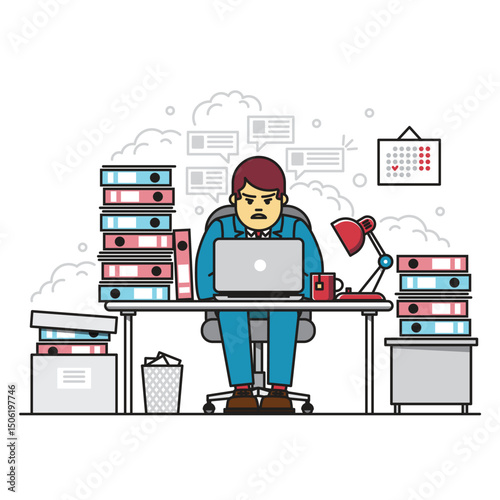 Busy, tired and angry hardworking man using laptop while sitting amidst folders with documents in office during rush time