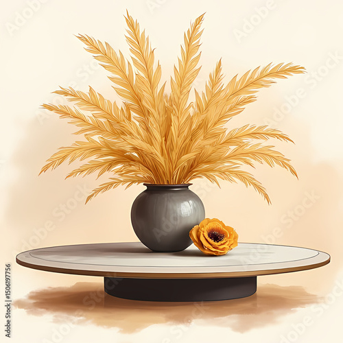 Elegant Gold Dried Flowers in a Decorative Vase Illustration

