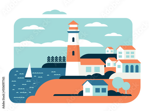 Lighthouse flat vector illustration. Coast tower. Navigational aid for sailors. Marine building. Sea port. Summer travel, sea town landscape. Mediterranean city, cruise ship. Seaside coast