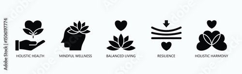 Holistic Journey Icon Set Isolated Vector With Icon Of Holistic Health, Mindful Wellness, Balanced Living, Resilience, Holistic Harmony In Glyph Style