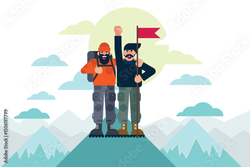 Cheerful mountaineers with flag celebrating success after reaching mountain top together. Success concept vector illustration