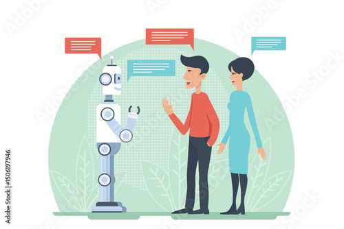 Man and woman greeting and speaking with artificial intelligence android robot vector illustratrion. AI cooperation