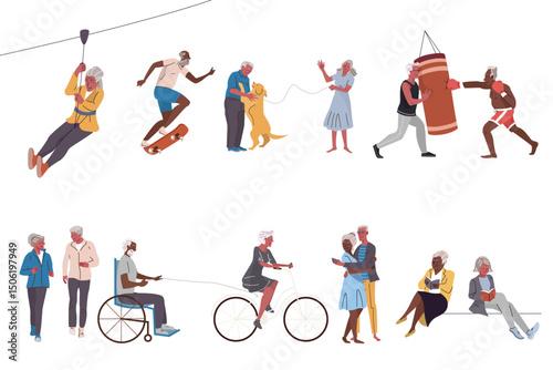 Set of vector illustrations of diverse senior people doing various leisure activities after retirement