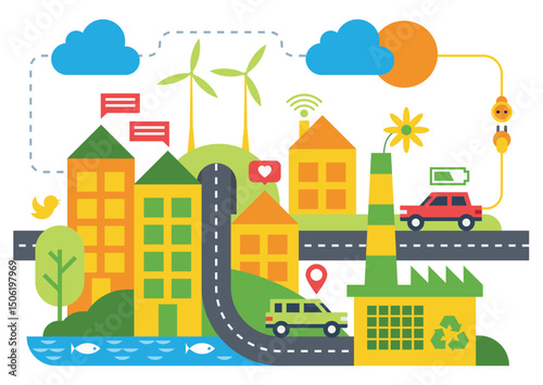 Smart city flat vector illustration. Apartment buildings, townhouses, eco cars on streets isolated clipart on white background. Futuristic town minimal cartoon Internet map design element