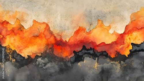 Abstract watercolor painting landscape art print orange red gray wall decor home interior design artwork texture