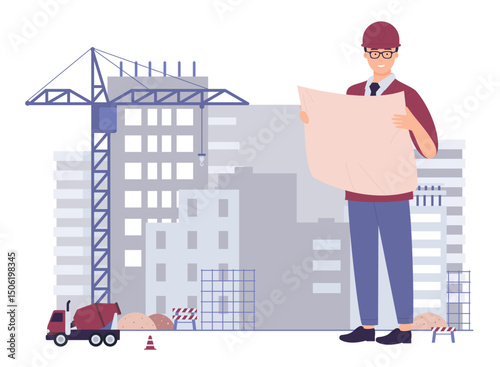 Smiling male creative architect civil engineer professional technician builder worker foreman hold project paper plan, check inspect supervise building under construction, cartoon vector illustration.