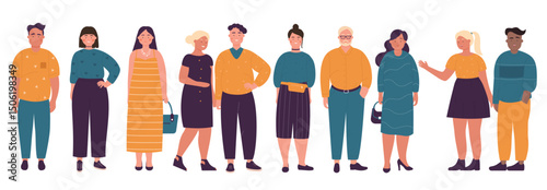 Overweight different age men and women color flat vector illustration set isolated on white background. Collection positive smiling and serious fat characters standing in full face and height