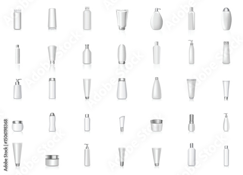 White different shapes cosmetic bottles mockup realistic template vector set isolated on white background. Perfume, face care, skin products, liquid, gel, foam, cream, powder container template