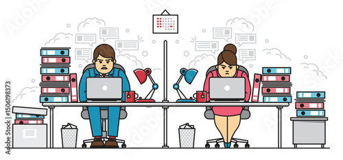 Hard working employees, man and woman, in office character business flat line vector illustration concept. Coworkers sitting nonstop with laptop at desk littered with bunch of document folders