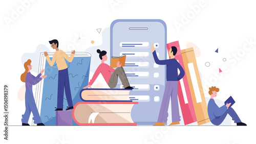Crowd people using online library in smartphone flat vector illustration web concept. Sitting and staying boys, girls read books near giant volumes with big smart phone.