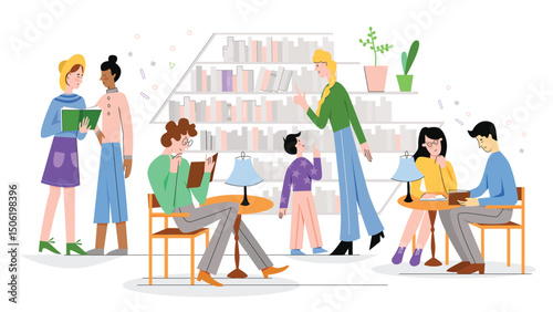People in traditional library character flat line vector illustration concept. Familiar comfortable library interior, atmosphere, shelves with many books, men and women reading literature.