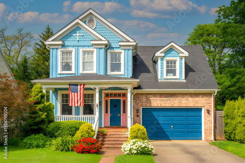 Wallpaper Mural An American suburban blue house with a garage and an American flag hanging. Torontodigital.ca