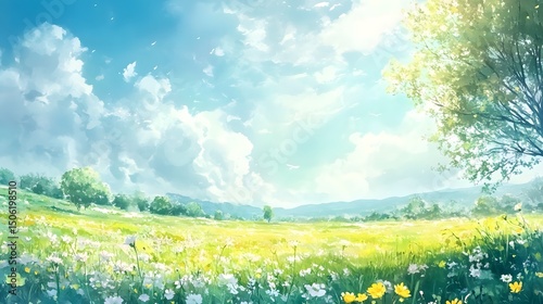 Beautiful anime landscape meadow field with blue sky and clouds digital art wallpaper background image