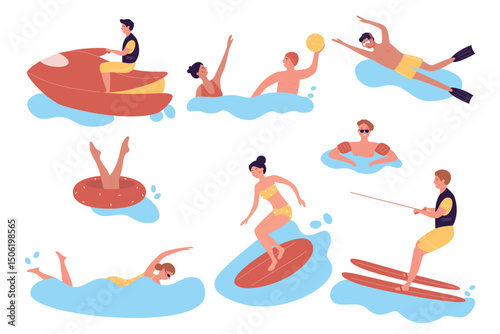 Cartoon active people doing extreme water sports, playing games, diving, surfing, riding water scooter in sea vector illustration
