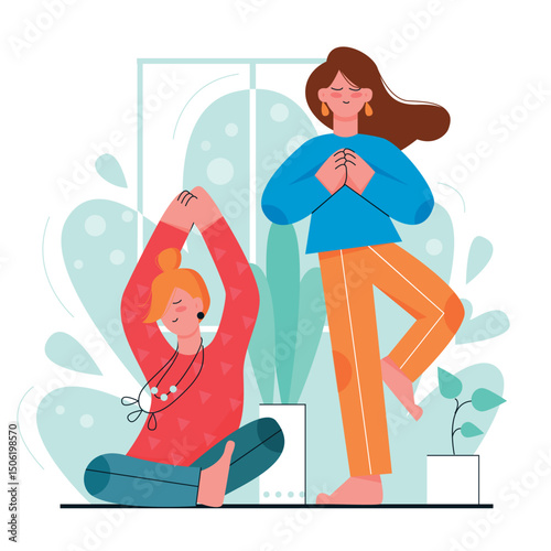 Home yoga, meditation vector illustration. Yogis, young women in asanas flat characters. Vrikshasana and padmasana, tree pose and lotus pose, sport activity, body balance and breathing exercises