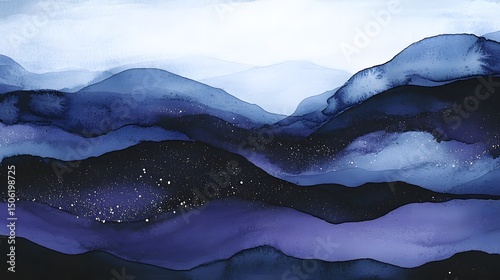 Watercolor mountain range painting blue purple landscape art print home decor wall art illustration 100char