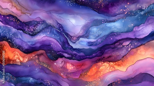 Abstract watercolor painting purple blue orange art print wall decor modern home decor galaxy space artwork 100