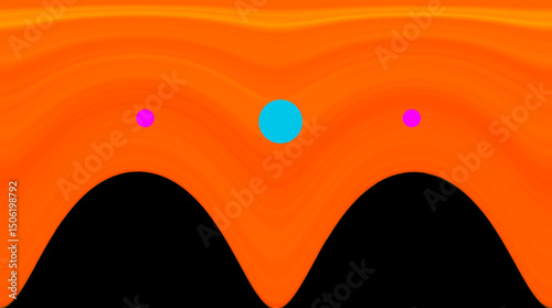 A scene features undulating orange waves and three distinct circles, with a larger blue circle flanked by two smaller pink circles. Bold contrast is created by the black arcs beneath the orange