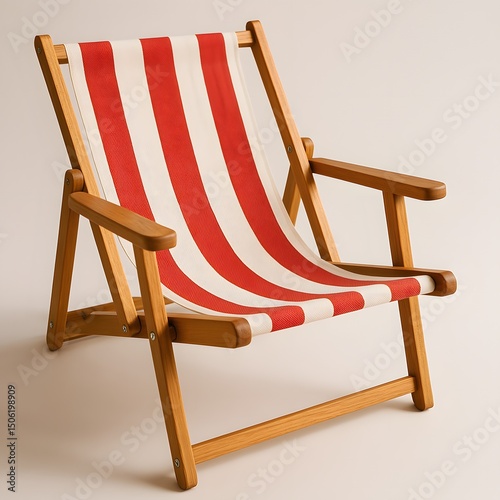 A classic red and white striped deck chair stands on a plain background, ready for relaxation in a beach or poolside setting