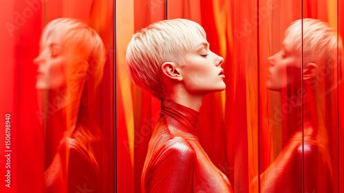 Woman with short blonde hair stands with closed eyes, reflected through vertical mirrors in surreal red space. Concept of multiplicity of identity, self-perception and emotional introspection in color photo