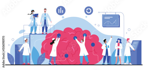 Brain health, mental investigation character flat vector illustration, medicine abstract concept. Doctors diagnose brain in laboratory. Psychologists, psychiatrists consulting, healthcare treatment