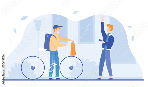 Delivery food vector illustration. Cartoon boy deliveryman courier character delivers bag on bike, client ordering food via mobile app. Flat fast express delivering service business isolated on white