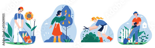 People work in garden vector illustration. Cartoon farmer man or woman character harvesting, worker gardener working in eco organic farm, flat gardening hobby activity icon set isolated on white