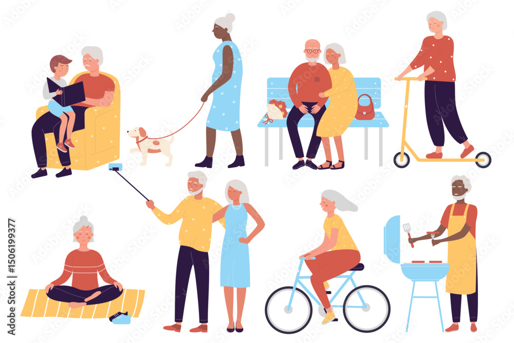 Naklejka premium Multiracial old active social people character flat vector illustration set isolated on white background. Positive men and women with child, pet, in pair, do yoga, ride scooter, bike, grill sausage