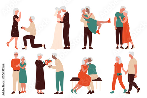 Aged happy loving couples character flat concept vector illustration set. Senior men and women time together, marriage proposition, wedding, sitting in hug on bench, walking hand in hand