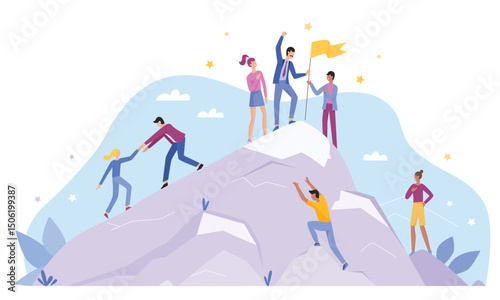 Business people characters climb top peak landing page flat vector illustration concept. Leadership and teamwork, Team leader show way, motivate to success, award trophy flag, competitive environment.