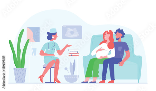 Pregnant woman visits doctor vector illustration. Cartoon flat happy couple people on medical examination in hospital, talking with physician. Pregnancy healthcare, prenatal medicine isolated on white