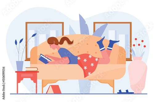 Home activity and leisure, reading character flat concept vector illustration. Cute smart girl reading book in her bedroom. Free relax time for hobby, self development, literature and education