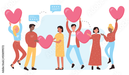 I love social media background with smiling people and hearts. I like it symbol concept flat vector illustration. Communication, appearance and development of relationships in social networks