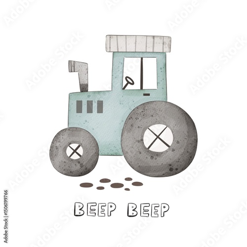 cartoon tractor, hand drawing lettering. flat style, colorful illustration for kids. baby design for cards, poster decoration, t-shirt print