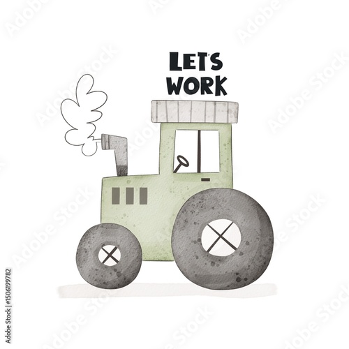 cartoon tractor, hand drawing lettering. flat style, colorful illustration for kids. baby design for cards, poster decoration, t-shirt print
