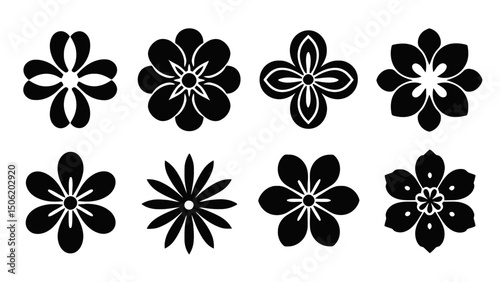 Vector assortment of eight stylized floral designs with varying petal arrangements and center details on transparent background