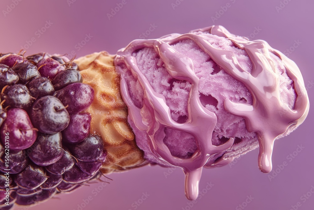 Obraz premium Close-up of a vibrant purple ice cream cone topped with a cascade of melted purple sauce, with a cluster of dark purple berries.